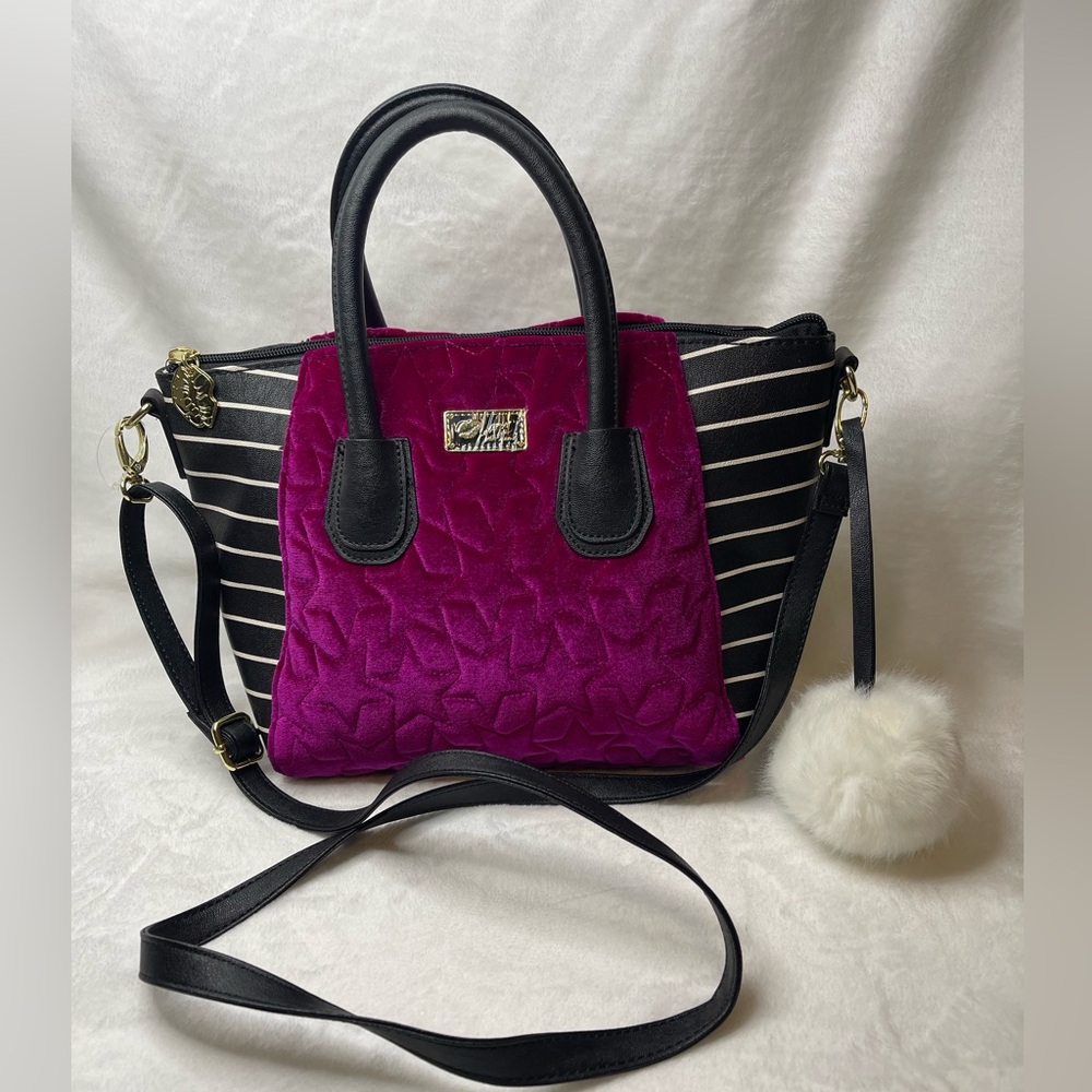 Luv Betsey pink velvet black and white striped handbag
